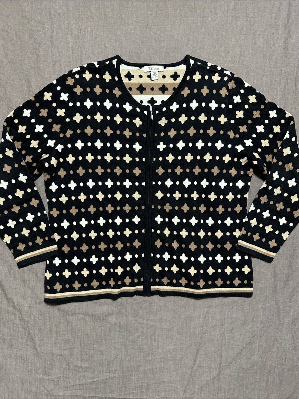The Tog Shop Black Patterned Zip-Front Cardigan with Cream and Brown Motif